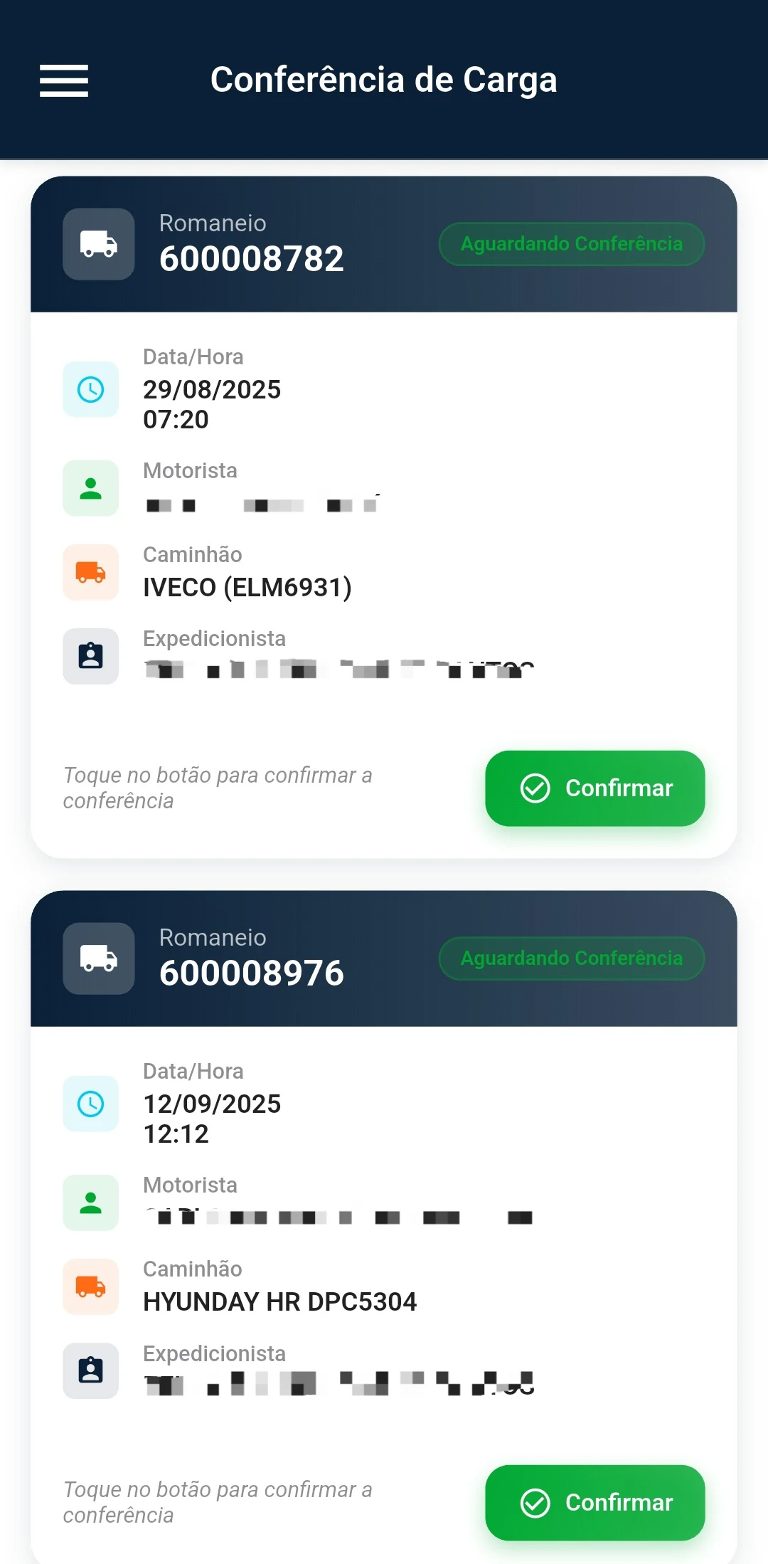 New System Mobile — Conferência de Carga